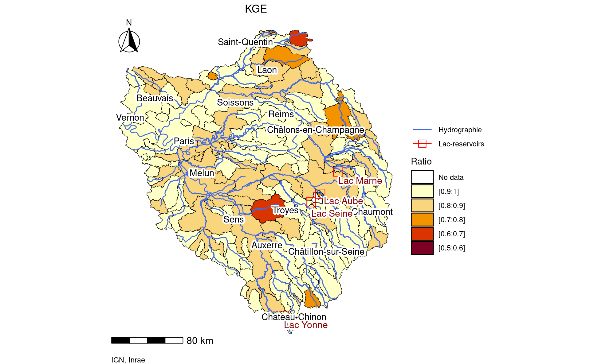 Maps of KGE criteria for calibration with the integration of the influence of reservoirs