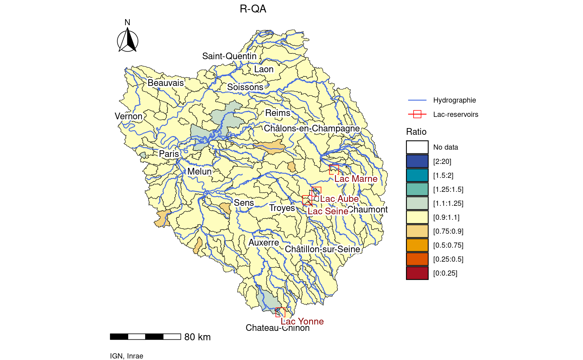 Map of R-QA indicators for simulated flows with observed reservoir influences calculated on period 1959-2022