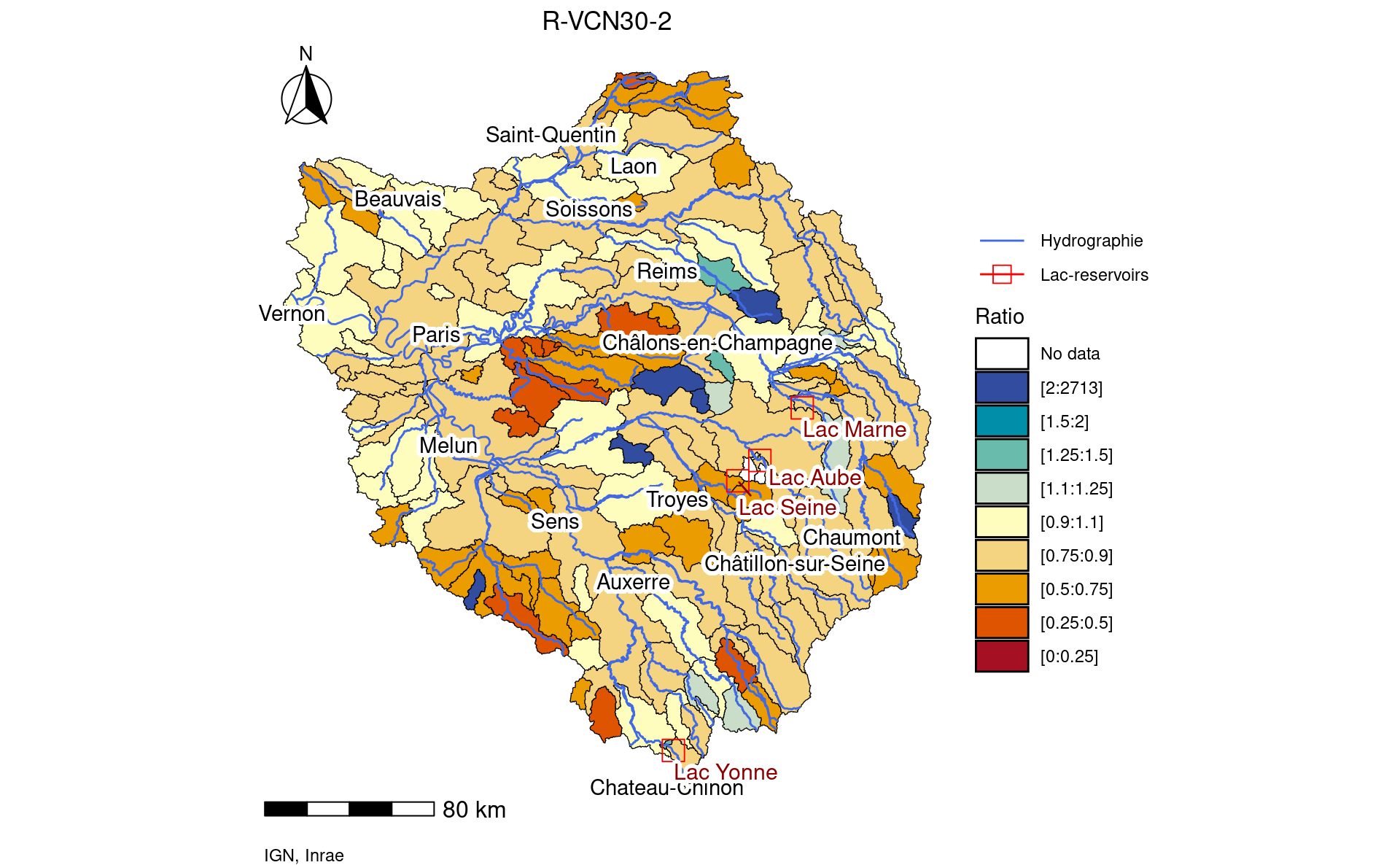 Map of R-VCN30-2 indicators for simulated flows with observed reservoir influences calculated on period 1959-2022