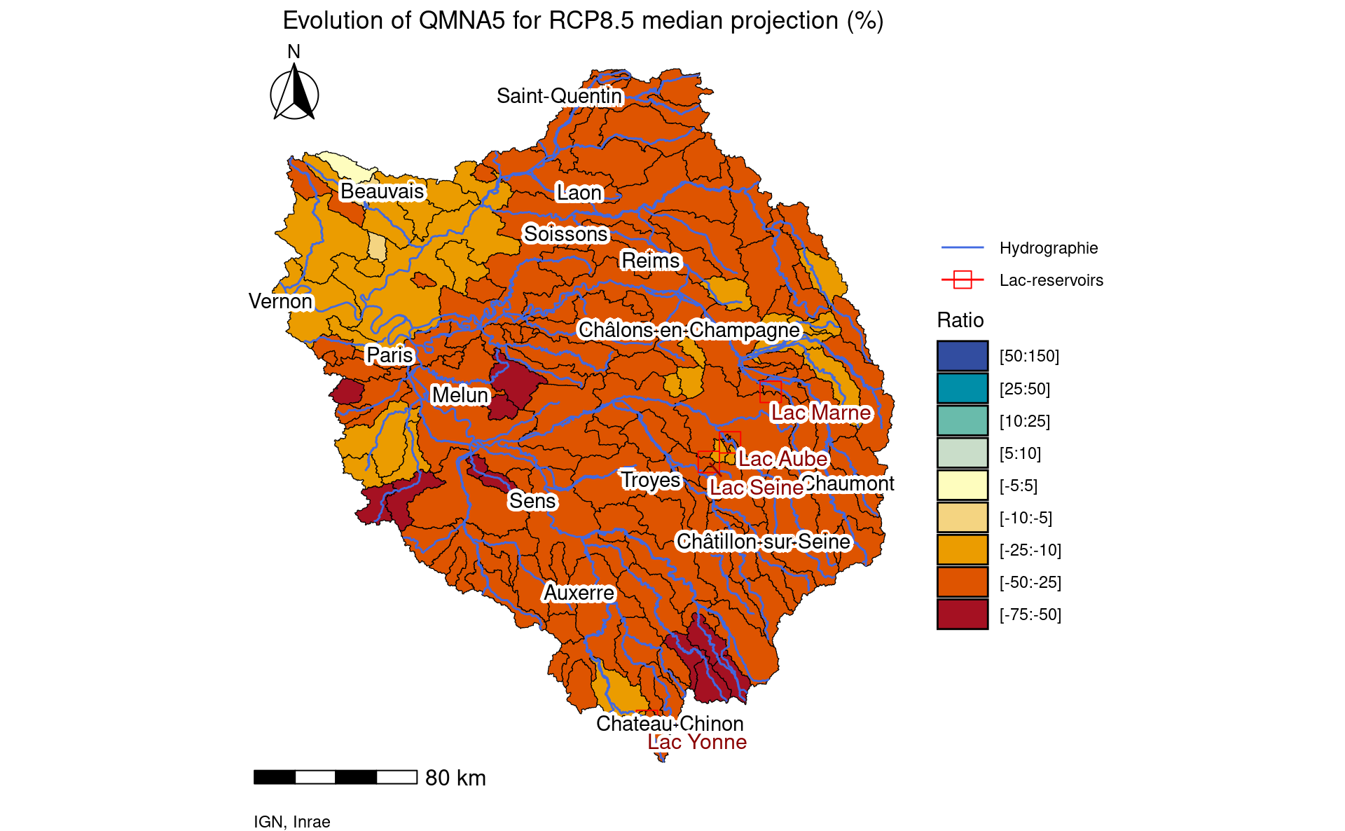 Map of median scenario evolution of indicator QMNA5 between 1976-2005 and 2071-2100 for RCP 8.5