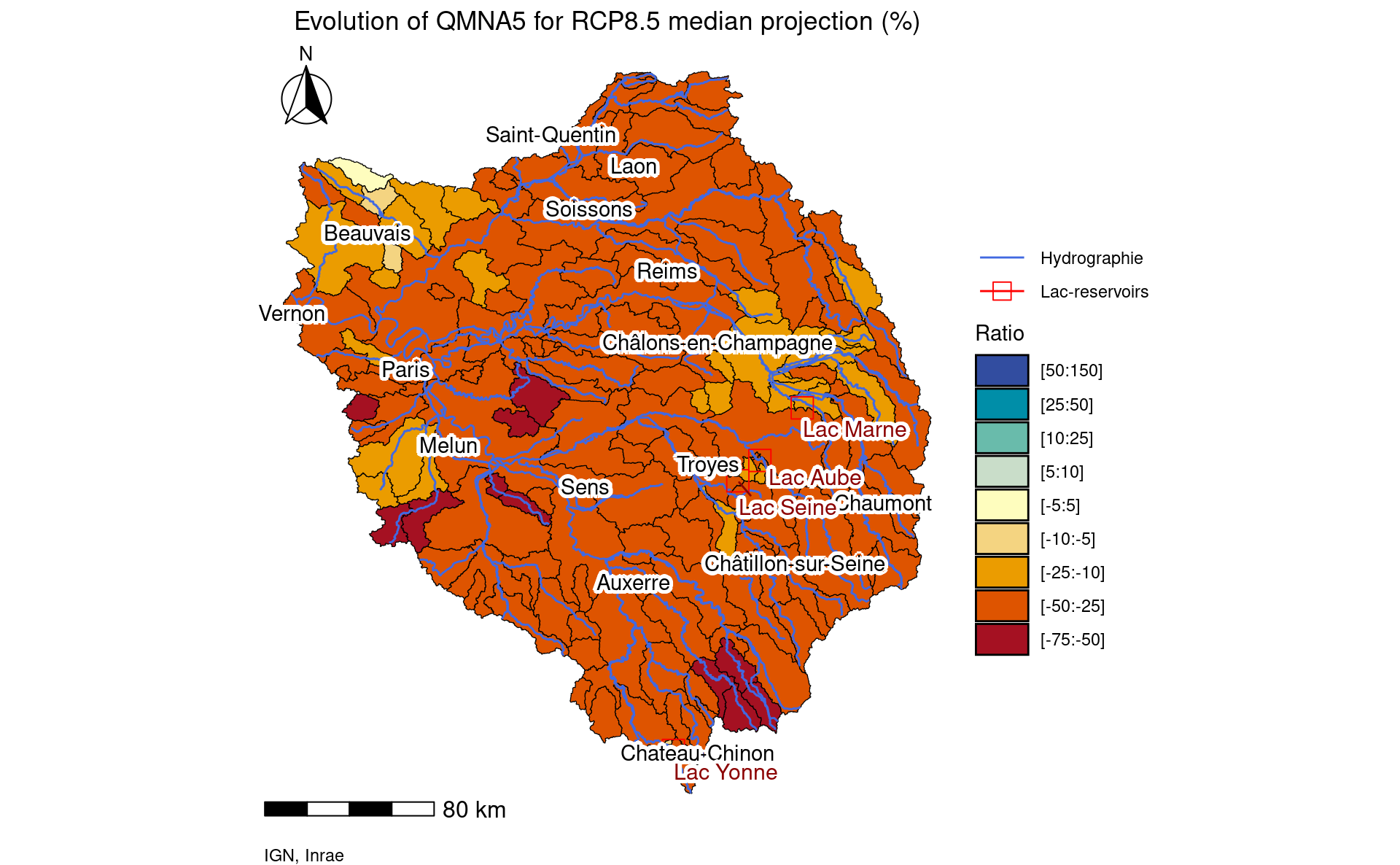 Map of median scenario evolution of indicator QMNA5 between 1976-2005 and 2071-2100 for RCP 8.5 with simulated influenced flows