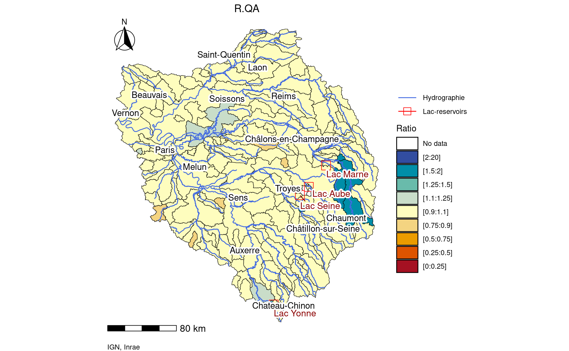 Map of R-QA indicators for simulated flows influenced by modeled reservoir current rules calculated on period 1959-2022